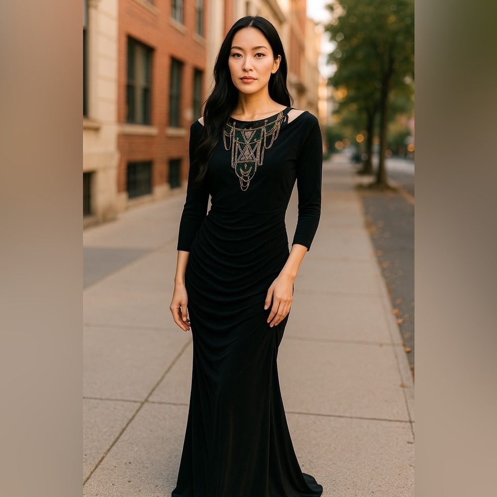 BADGLEY MISCHKA BLACK COLD SHOULDER FORMAL RETRO HOLIDAY MAXI DRESS GOWN SZ 4 - Picture 7 of 7